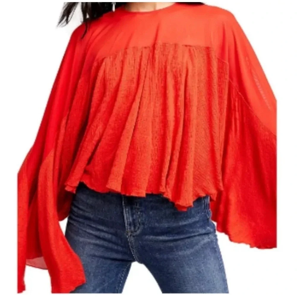 Free People On The Weekend Top‎ Orange Asymmetric Flowy Boho Blouse Tunic Sz S